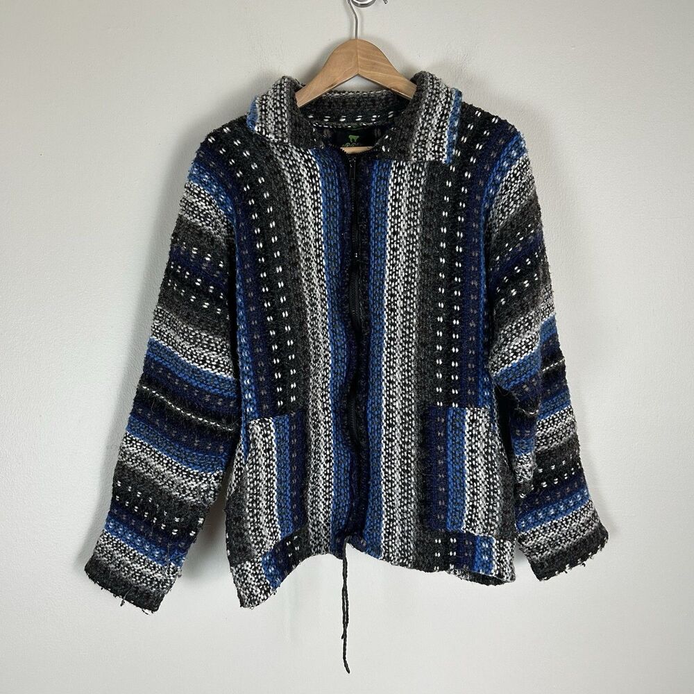 Men’s M Cardigan Sweater Stripe Fair Isle Nordic Shirt Full Zip 100% Wool Blue